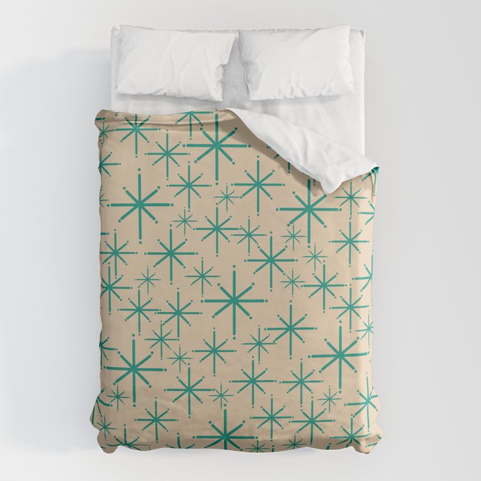 Stella 2 - Atomic Age Starbursts - Midcentury Modern Pattern in Turquoise Teal and Mid Mod Beige Duvet Cover Gallery Image 6