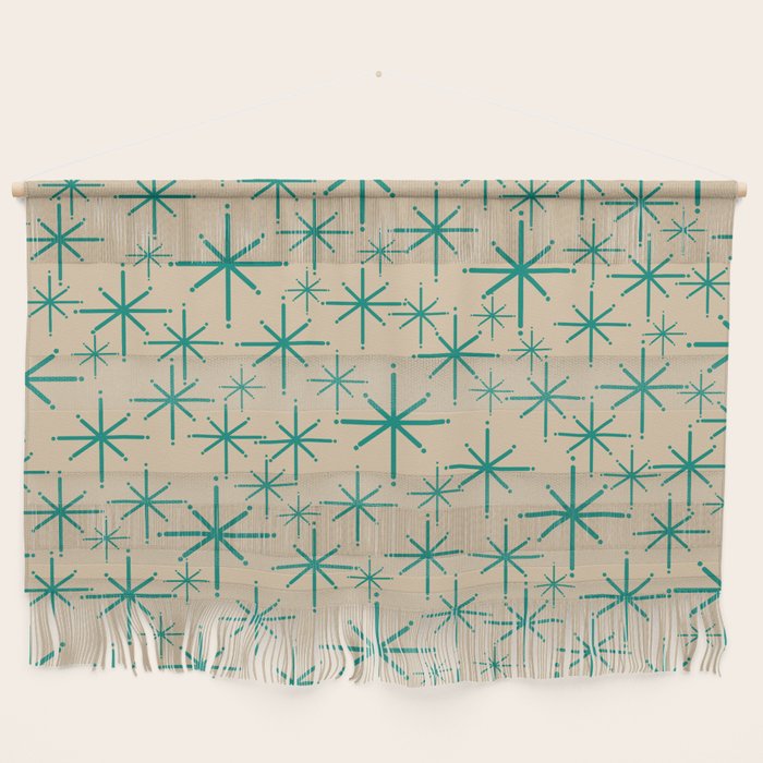 Stella 2 - Atomic Age Starbursts - Midcentury Modern Pattern in Turquoise Teal and Mid Mod Beige Wall Hanging Gallery Image 1