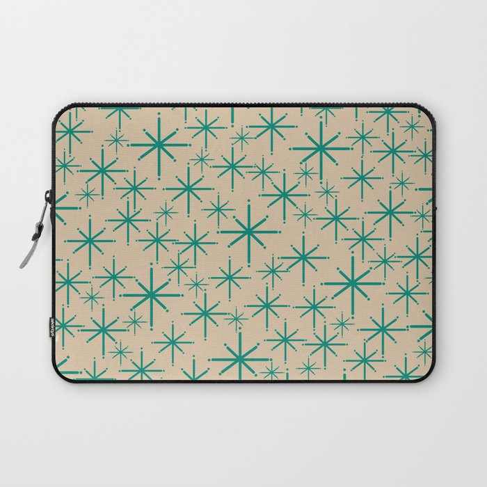 Stella 2 - Atomic Age Starbursts - Midcentury Modern Pattern in Turquoise Teal and Mid Mod Beige Laptop Sleeve Gallery Image 1