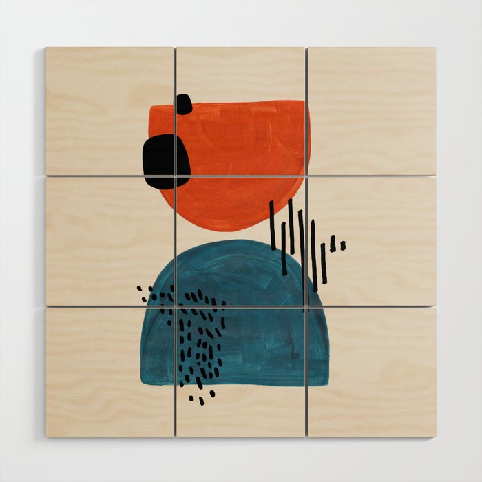 Burnt Orange Jewel Teal Blue Mid Century Modern Funky Colorful Shapes Patterns by Ejaaz Haniff Wood Wall Art Gallery Image 1