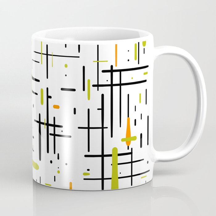  Mid-Century Modern Kinetikos Pattern in Black, Lime Green, Orange, and White Coffee Mug Gallery Image 1