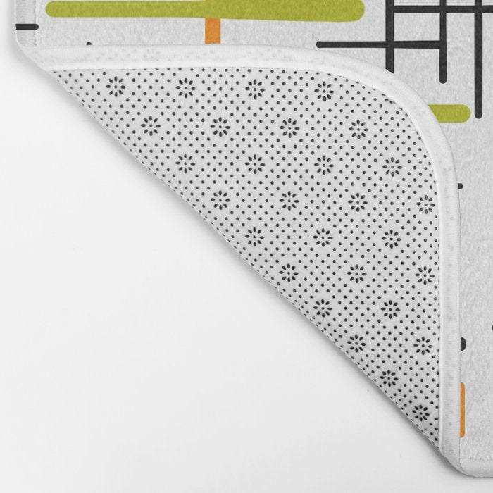  Mid-Century Modern Kinetikos Pattern in Black, Lime Green, Orange, and White Bath Mat Gallery Image 2
