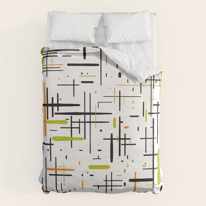  Mid-Century Modern Kinetikos Pattern in Black, Lime Green, Orange, and White Duvet Cover Gallery Image 1