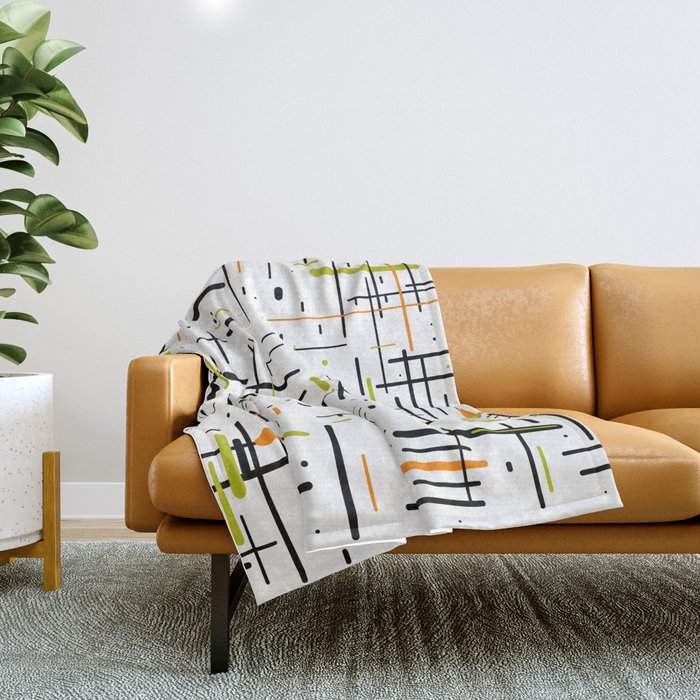  Mid-Century Modern Kinetikos Pattern in Black, Lime Green, Orange, and White Throw Blanket Gallery Image 1