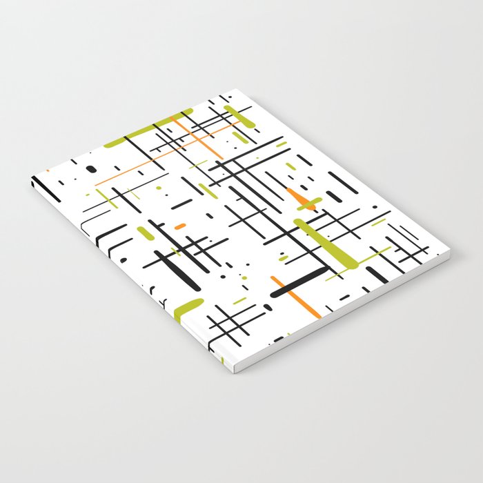  Mid-Century Modern Kinetikos Pattern in Black, Lime Green, Orange, and White Notebook Gallery Image 1