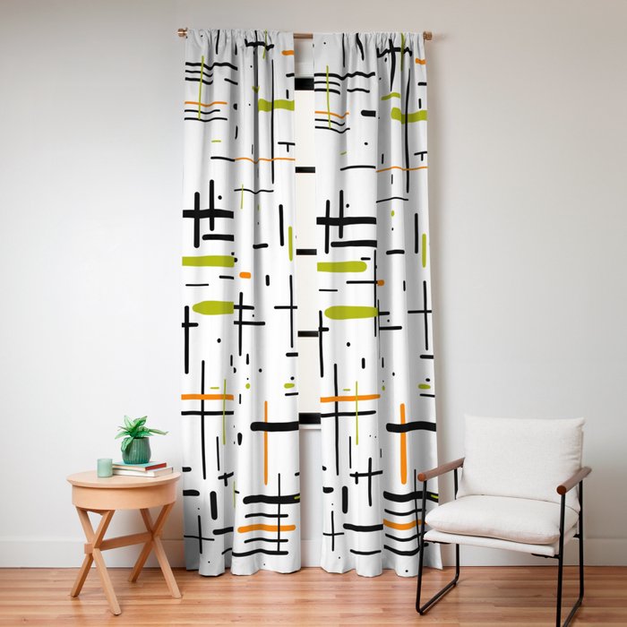  Mid-Century Modern Kinetikos Pattern in Black, Lime Green, Orange, and White Window Curtain Gallery Image 4