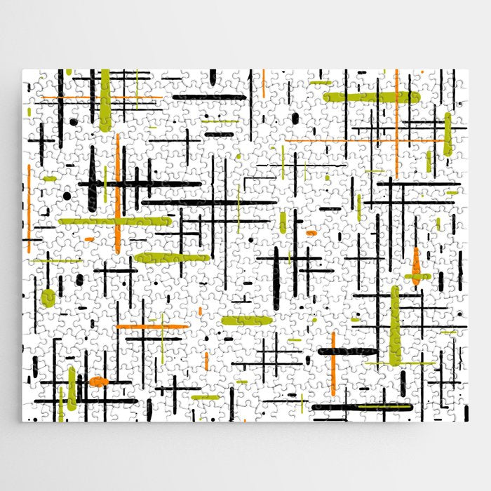  Mid-Century Modern Kinetikos Pattern in Black, Lime Green, Orange, and White Jigsaw Puzzle Gallery Image 1