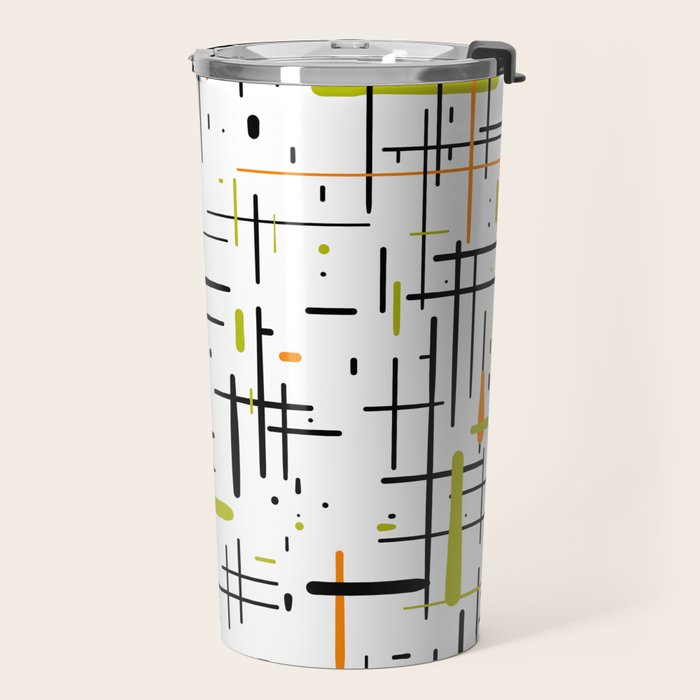  Mid-Century Modern Kinetikos Pattern in Black, Lime Green, Orange, and White Travel Mug Gallery Image 2