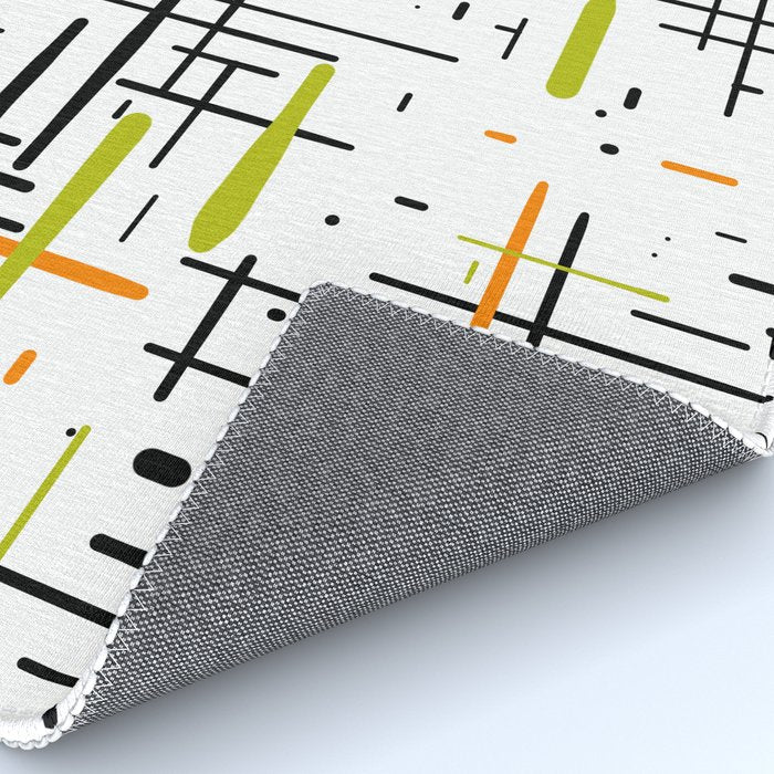  Mid-Century Modern Kinetikos Pattern in Black, Lime Green, Orange, and White Rug Gallery Image 4