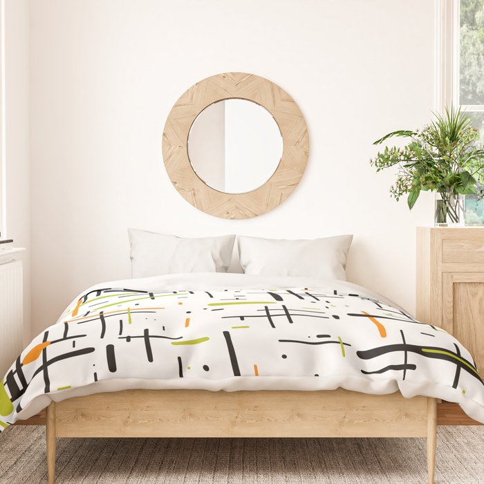  Mid-Century Modern Kinetikos Pattern in Black, Lime Green, Orange, and White Duvet Cover Gallery Image 3