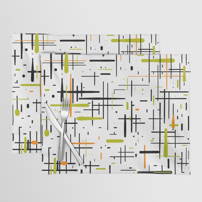  Mid-Century Modern Kinetikos Pattern in Black, Lime Green, Orange, and White Placemat Gallery Image 1