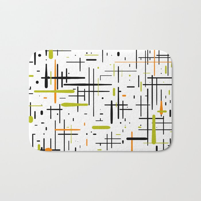  Mid-Century Modern Kinetikos Pattern in Black, Lime Green, Orange, and White Bath Mat Gallery Image 1