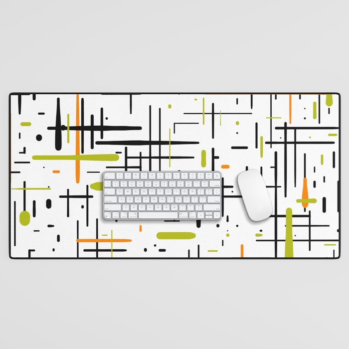  Mid-Century Modern Kinetikos Pattern in Black, Lime Green, Orange, and White Desk Mat Gallery Image 1