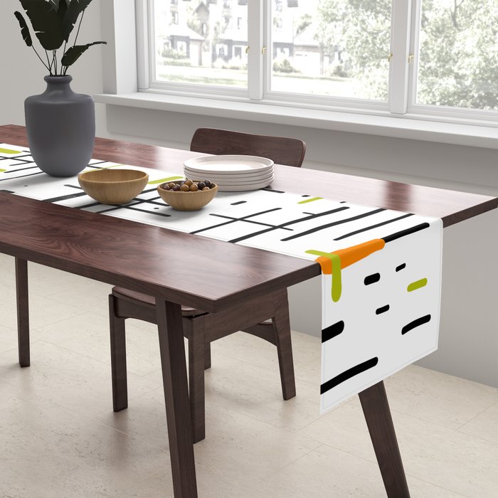  Mid-Century Modern Kinetikos Pattern in Black, Lime Green, Orange, and White Table Runner Gallery Image 2