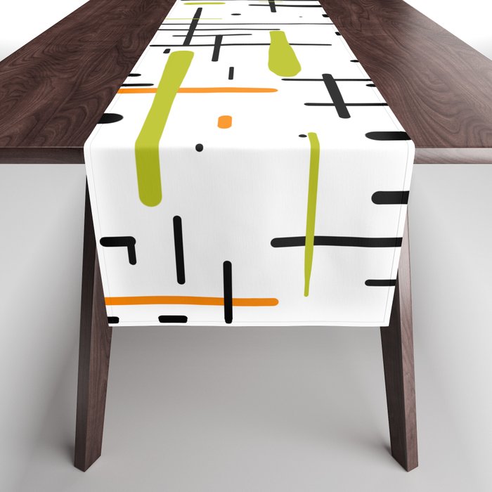  Mid-Century Modern Kinetikos Pattern in Black, Lime Green, Orange, and White Table Runner Gallery Image 1