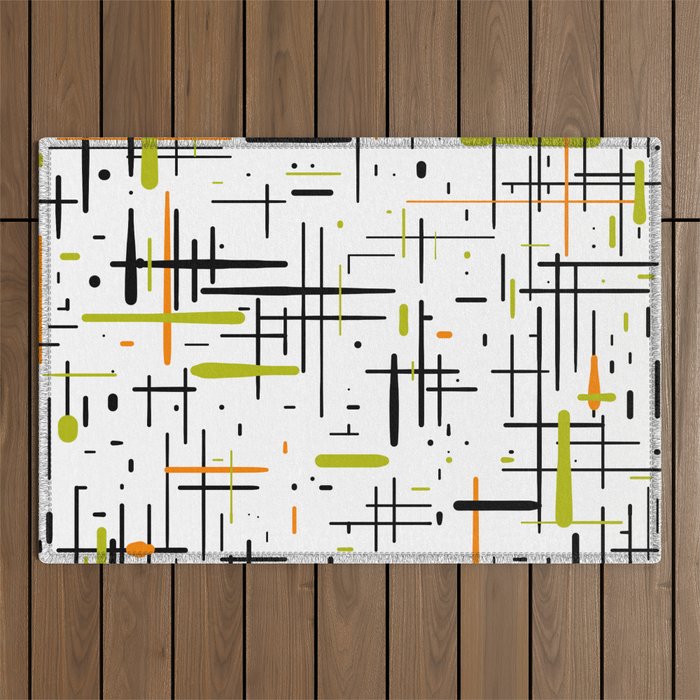  Mid-Century Modern Kinetikos Pattern in Black, Lime Green, Orange, and White Outdoor Rug Gallery Image 1