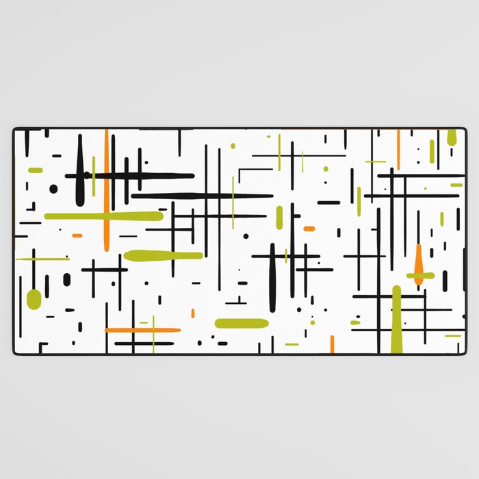  Mid-Century Modern Kinetikos Pattern in Black, Lime Green, Orange, and White Desk Mat Gallery Image 3