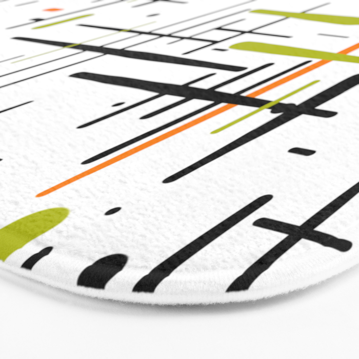  Mid-Century Modern Kinetikos Pattern in Black, Lime Green, Orange, and White Bath Mat Gallery Image 3