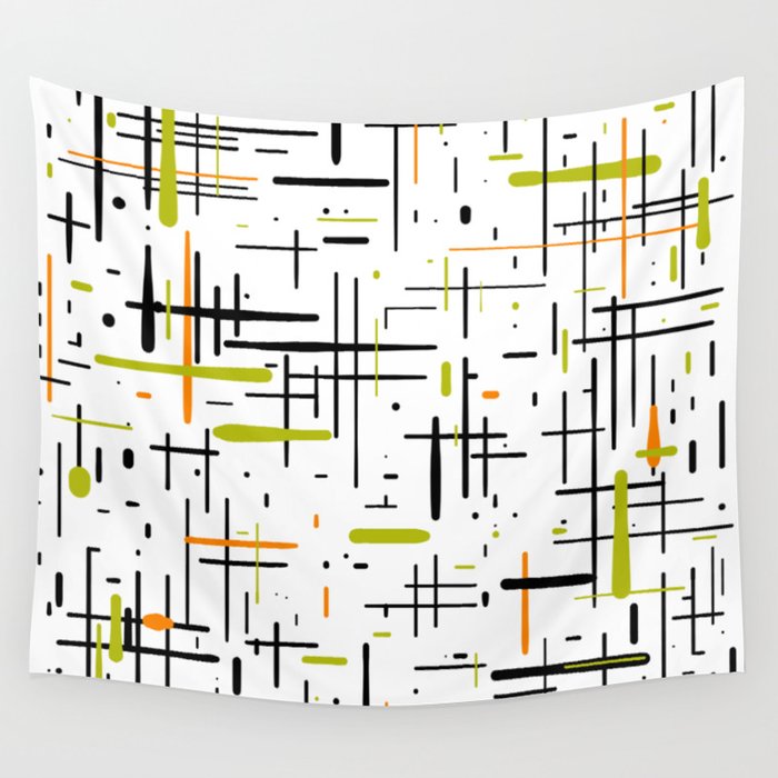  Mid-Century Modern Kinetikos Pattern in Black, Lime Green, Orange, and White Wall Tapestry Gallery Image 4
