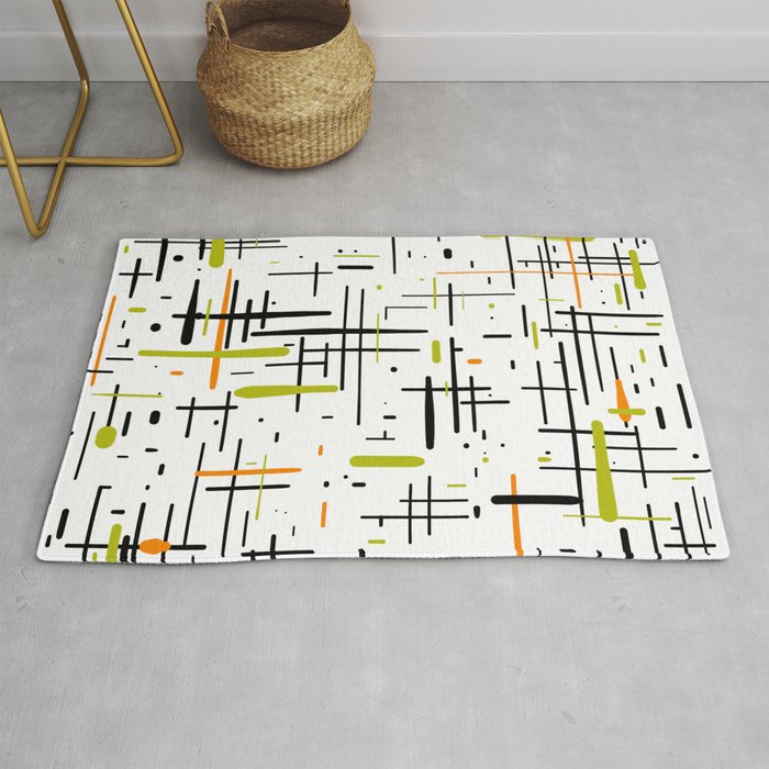  Mid-Century Modern Kinetikos Pattern in Black, Lime Green, Orange, and White Rug Gallery Image 1