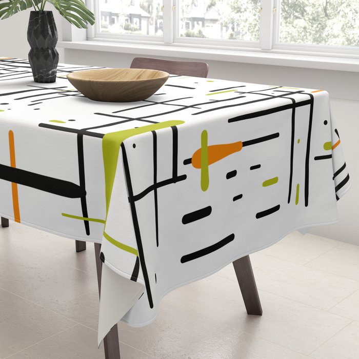  Mid-Century Modern Kinetikos Pattern in Black, Lime Green, Orange, and White Tablecloth Gallery Image 3