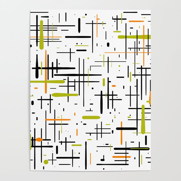  Mid-Century Modern Kinetikos Pattern in Black, Lime Green, Orange, and White Poster Gallery Image 1