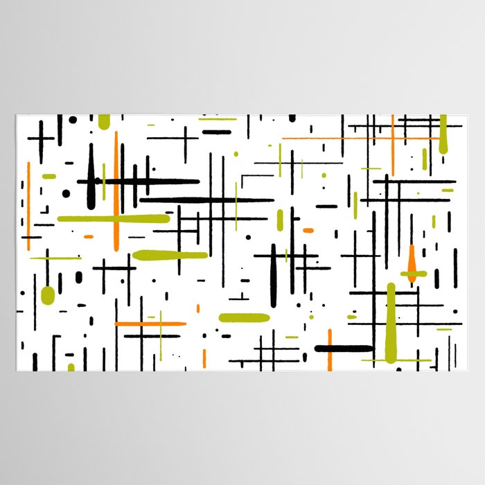  Mid-Century Modern Kinetikos Pattern in Black, Lime Green, Orange, and White Tablecloth Gallery Image 2