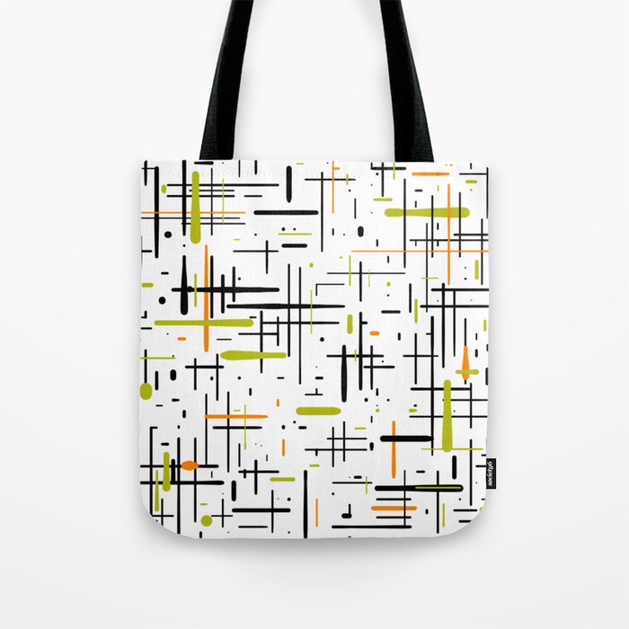  Mid-Century Modern Kinetikos Pattern in Black, Lime Green, Orange, and White Tote Bag Gallery Image 1