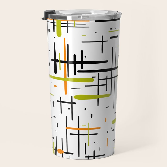  Mid-Century Modern Kinetikos Pattern in Black, Lime Green, Orange, and White Travel Mug Gallery Image 3