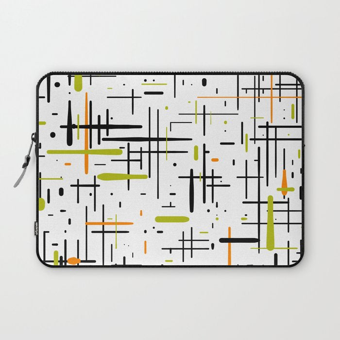  Mid-Century Modern Kinetikos Pattern in Black, Lime Green, Orange, and White Laptop Sleeve Gallery Image 1