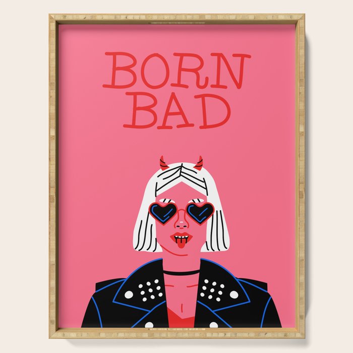 Born bad devil woman cartoon portrait art Serving Tray Gallery Image 1