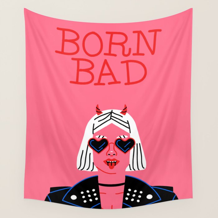 Born bad devil woman cartoon portrait art Wall Tapestry Gallery Image 1