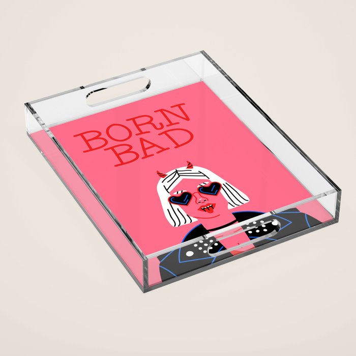 Born bad devil woman cartoon portrait art Acrylic Tray Gallery Image 1