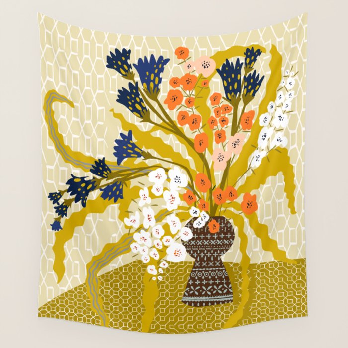 Matisse Flower Vase modern Illustration mustard yellow Wall Tapestry Gallery Image 4