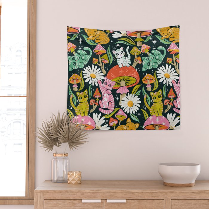 Kittens & Shrooms - Rainbow on Teal Wall Tapestry Gallery Image 2