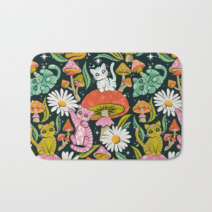 Kittens & Shrooms - Rainbow on Teal Bath Mat Gallery Image 1