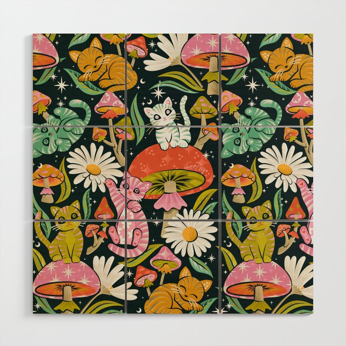 Kittens & Shrooms - Rainbow on Teal Wood Wall Art Gallery Image 1