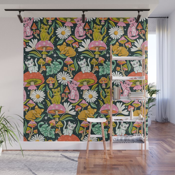 Kittens & Shrooms - Rainbow on Teal Wall Mural Gallery Image 1