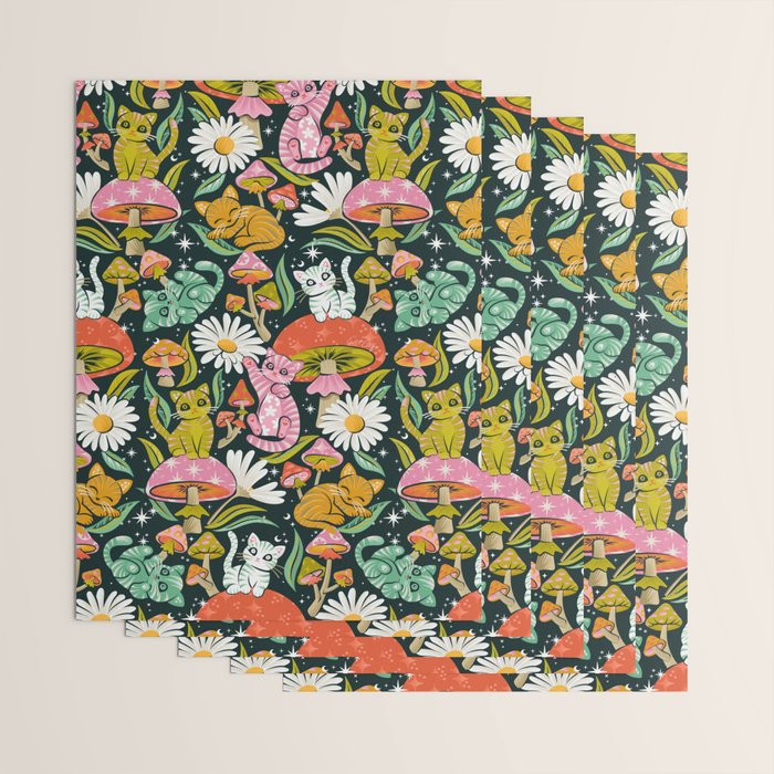 Kittens & Shrooms - Rainbow on Teal Wrapping Paper Gallery Image 3