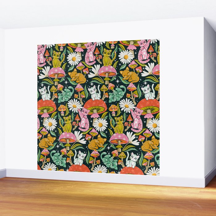 Kittens & Shrooms - Rainbow on Teal Wall Mural Gallery Image 2