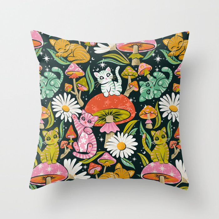 Kittens & Shrooms - Rainbow on Teal Throw Pillow Gallery Image 1