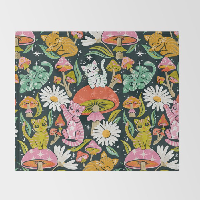 Kittens & Shrooms - Rainbow on Teal Throw Blanket Gallery Image 2