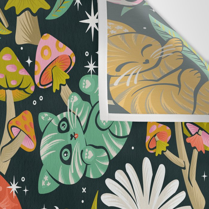 Kittens & Shrooms - Rainbow on Teal Wall Tapestry Gallery Image 3