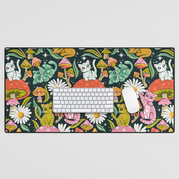 Kittens & Shrooms - Rainbow on Teal Desk Mat Gallery Image 1