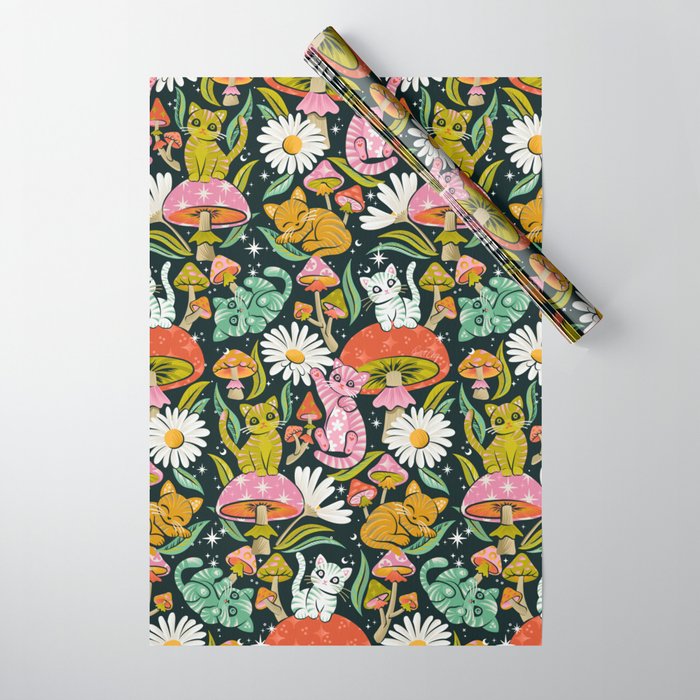 Kittens & Shrooms - Rainbow on Teal Wrapping Paper Gallery Image 1