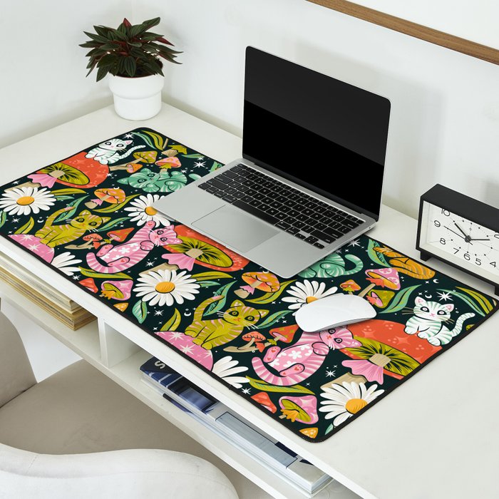 Kittens & Shrooms - Rainbow on Teal Desk Mat Gallery Image 2