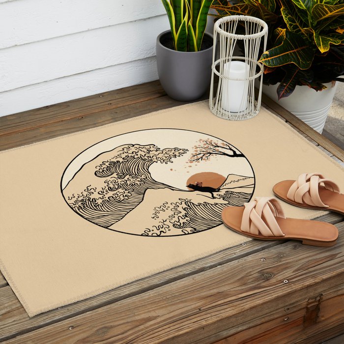 Autumn Tree spring fall Great Wave cat reading Outdoor Rug Gallery Image 2