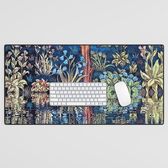 Tree of Life reflecting water of garden lily pond twilight blue nature landscape painting Desk Mat Gallery Image 1