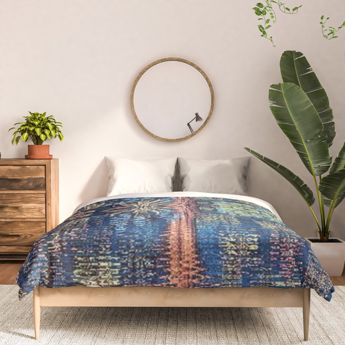 Tree of Life reflecting water of garden lily pond twilight blue nature landscape painting Comforter Gallery Image 3