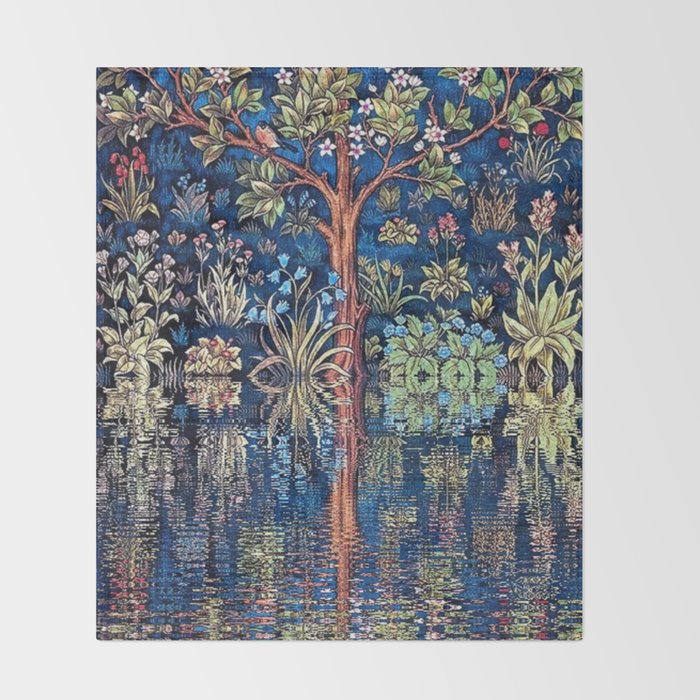 Tree of Life reflecting water of garden lily pond twilight blue nature landscape painting Throw Blanket Gallery Image 2
